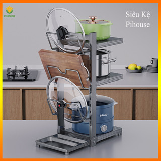 Kệ Bếp Mẫu Mới Pihouse Để Xoong Nồi, Có Giá Cài Vung Thép Cacbon Chất Lượng Cao, Chắc Chắn, Tiện Lợi
