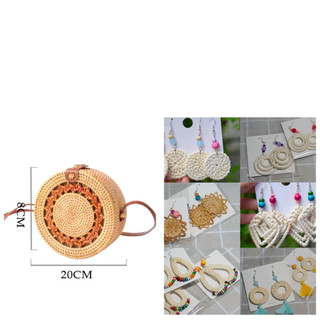 Combo túi xách, khuyên tai đi biển mây tre đan KING BAMBOO