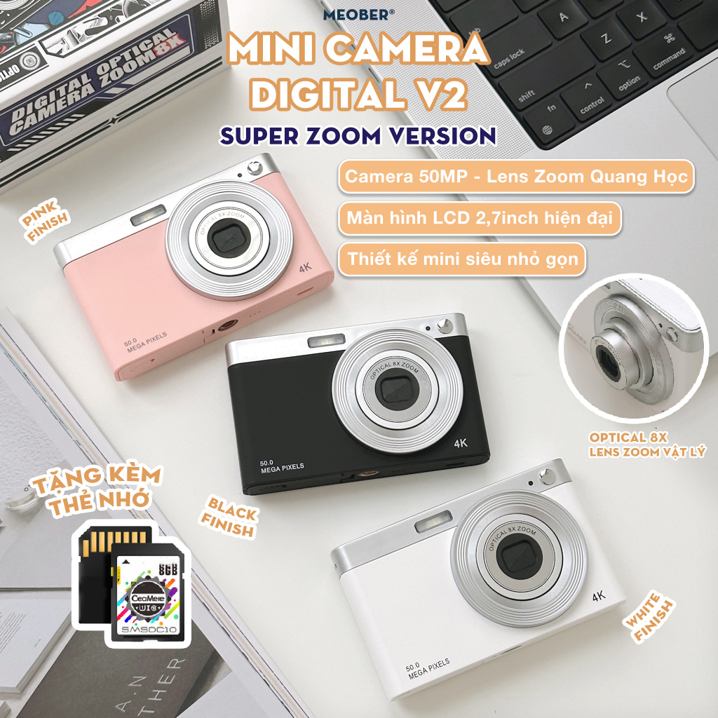 [Tặng thẻ nhớ] Máy Chụp hình mini digital v2 50MP Super Zoom, quay phim 4K, video slow-mo, lens zoom vật lý 4X by Meober