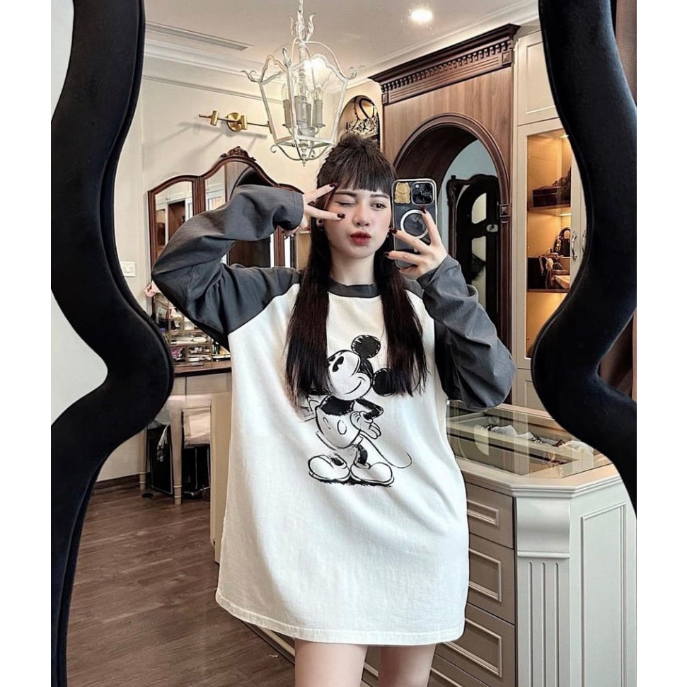 Áo Thun Cotton Nữ Dài Tay In Mickey Áo Phông Nữ Dáng Thụng Hình In 5D Freesize B39151