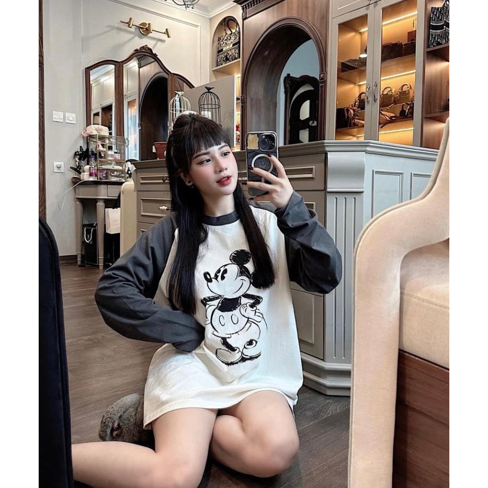 Áo Thun Cotton Nữ Dài Tay In Mickey Áo Phông Nữ Dáng Thụng Hình In 5D Freesize B39151