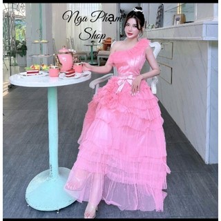 Đầm tầng lệch vai công chúa dáng xòe