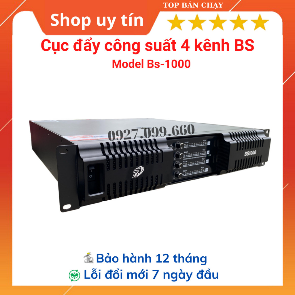 Cục đẩy công suất 4 kênh BS Model BS1000 trang bị 64 sò công suất 800w/kênh. chuyên dùng cho gia đình,sự kiện,phòng trà.