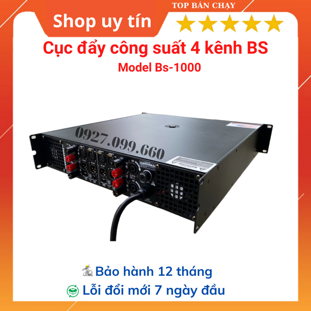 Cục đẩy công suất 4 kênh BS Model BS1000 trang bị 64 sò công suất 800w/kênh. chuyên dùng cho gia đình,sự kiện,phòng trà.