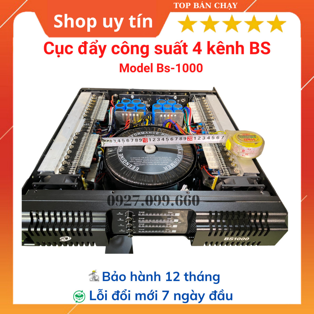 Cục đẩy công suất 4 kênh BS Model BS1000 trang bị 64 sò công suất 800w/kênh. chuyên dùng cho gia đình,sự kiện,phòng trà.