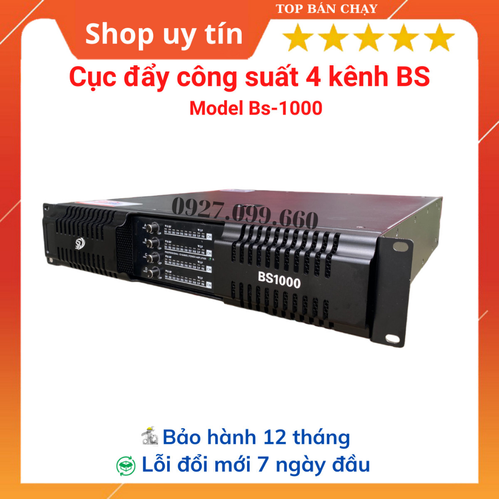 Cục đẩy công suất 4 kênh BS Model BS1000 trang bị 64 sò công suất 800w/kênh. chuyên dùng cho gia đình,sự kiện,phòng trà.
