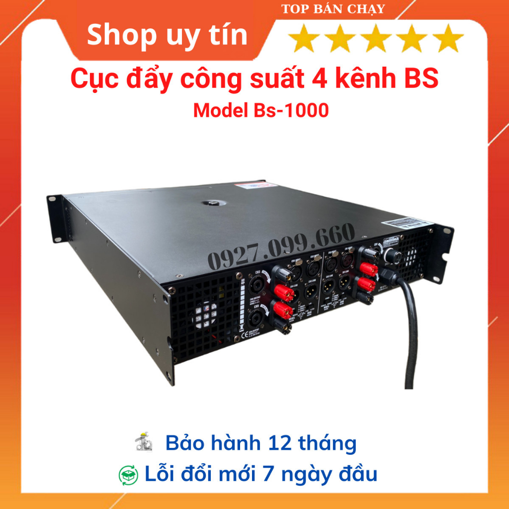 Cục đẩy công suất 4 kênh BS Model BS1000 trang bị 64 sò công suất 800w/kênh. chuyên dùng cho gia đình,sự kiện,phòng trà.