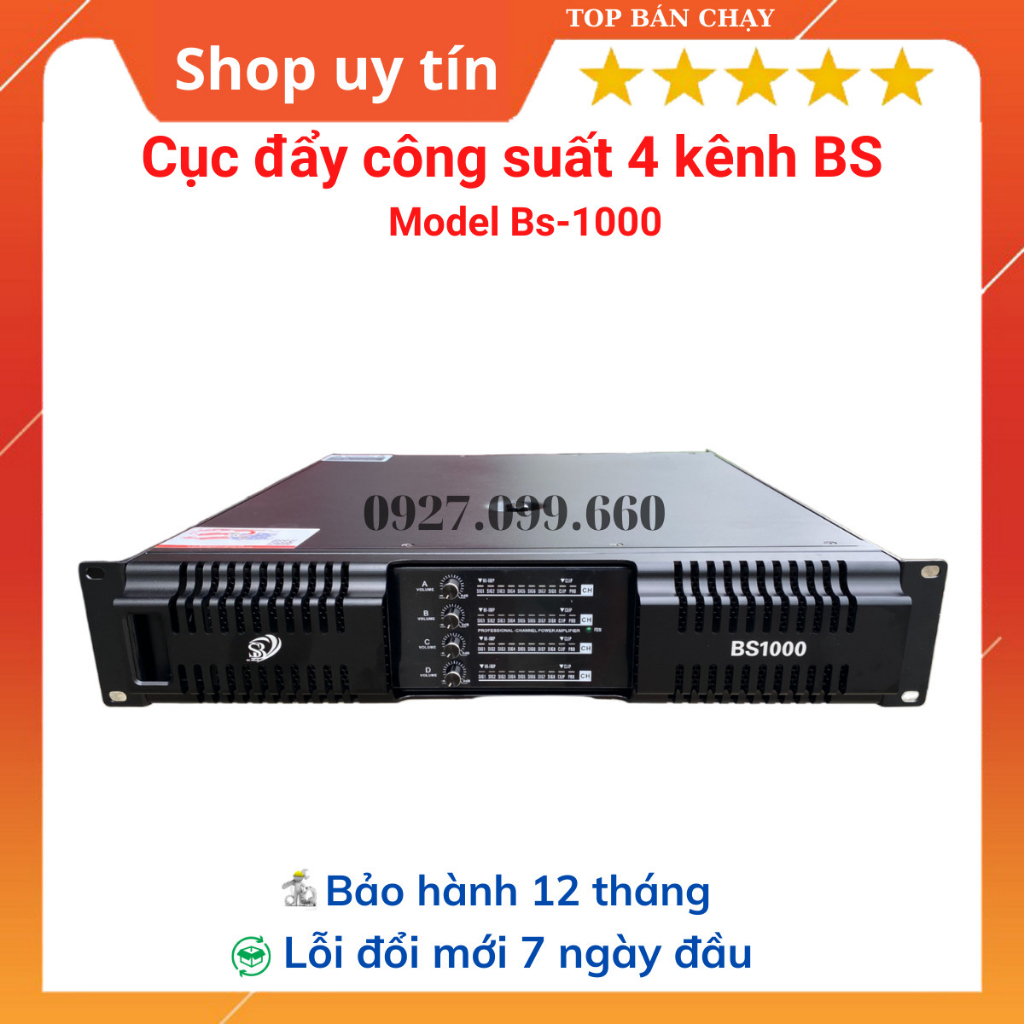 Cục đẩy công suất 4 kênh BS Model BS1000 trang bị 64 sò công suất 800w/kênh. chuyên dùng cho gia đình,sự kiện,phòng trà.