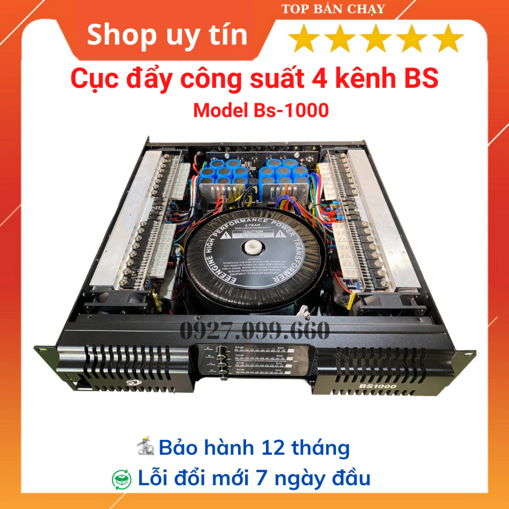 Cục đẩy công suất 4 kênh BS Model BS1000 trang bị 64 sò công suất 800w/kênh. chuyên dùng cho gia đình,sự kiện,phòng trà.