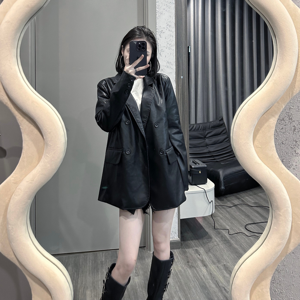 Áo da nữ blazer GABIDO khoá cài from rộng phong cách hàn trẻ trung đen 9971