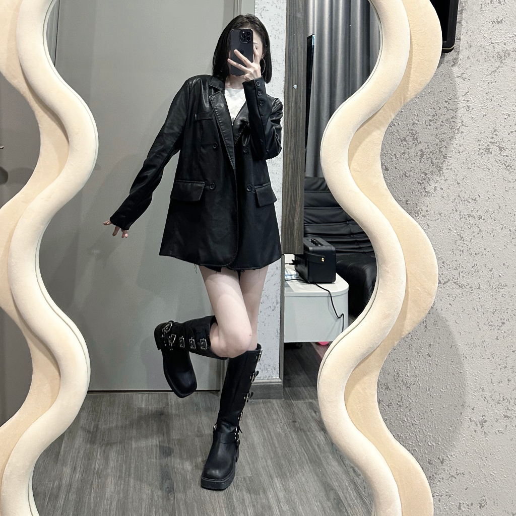 Áo da nữ blazer GABIDO khoá cài from rộng phong cách hàn trẻ trung đen 9971