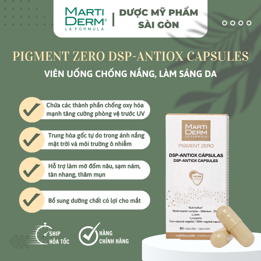 Viên uống chống nắng, làm sáng da - Martiderm pigment zero dsp antiox capsules (60 viên)