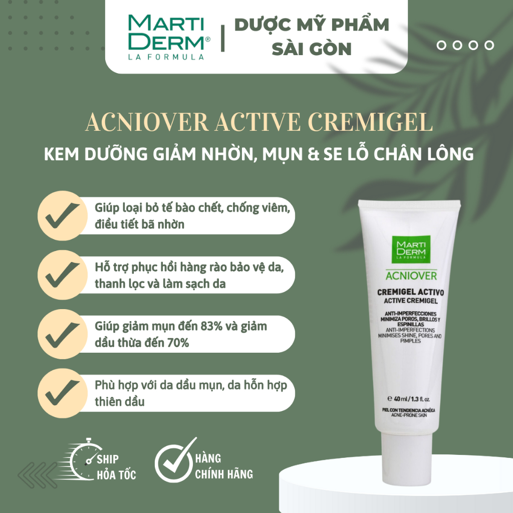 Kem dưỡng giảm nhờn, mụn & se lỗ chân lông - martiderm acniover active cremigel (40ml)