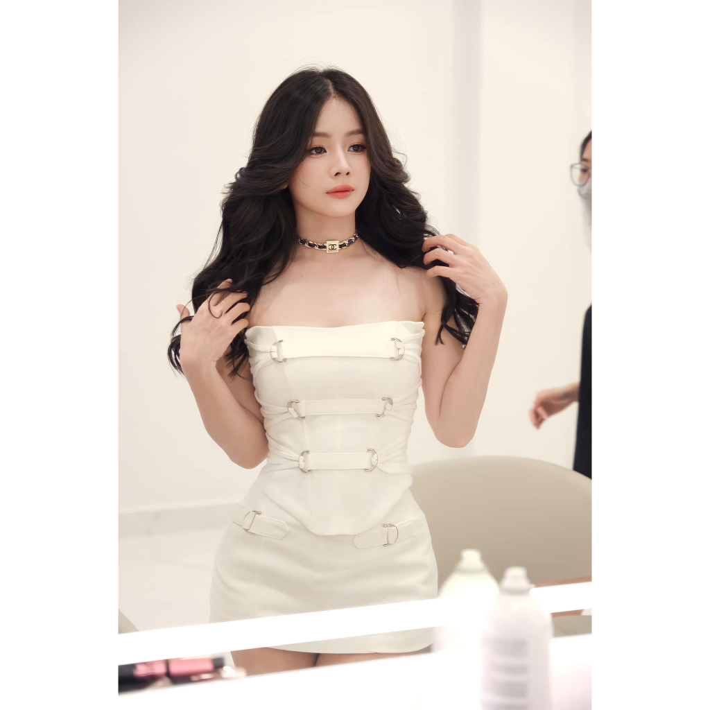 Set áo jean cúp ngực phối tag kèm bao tay