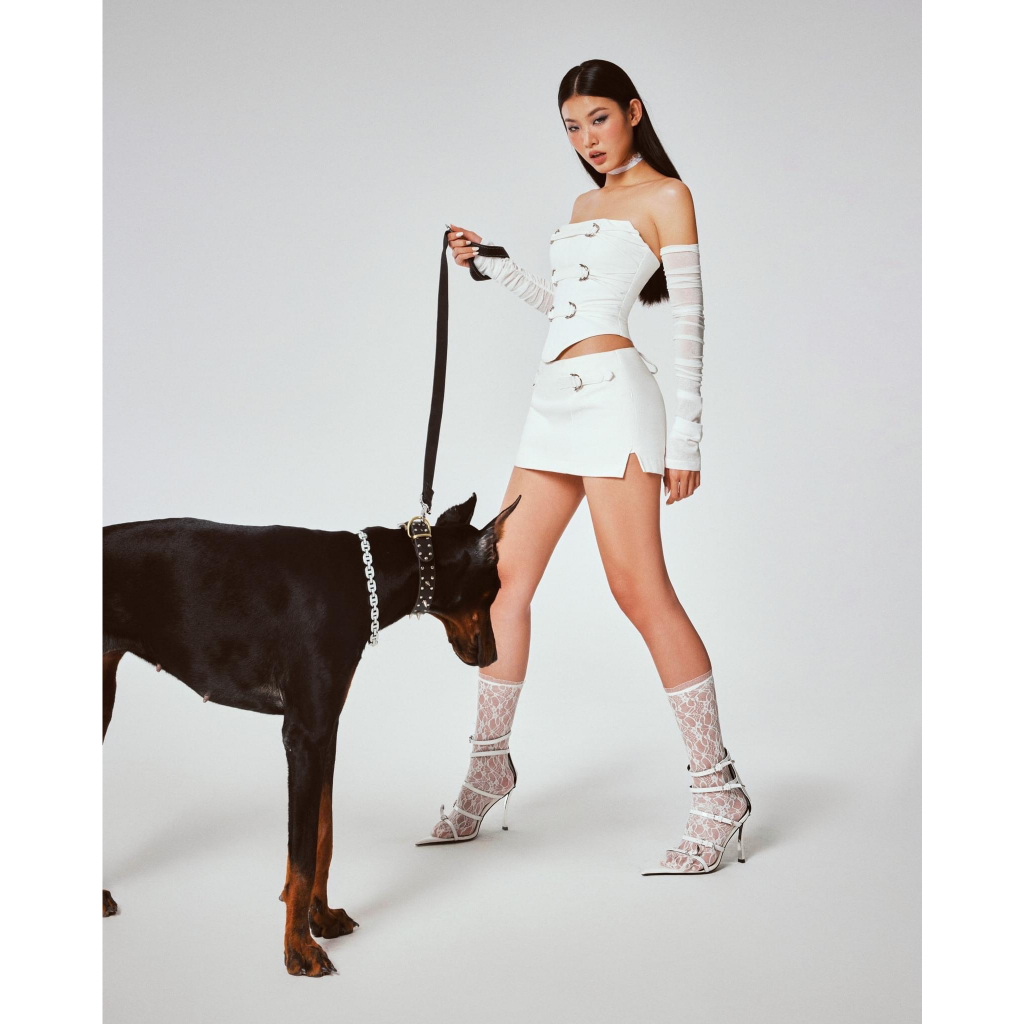 Set áo jean cúp ngực phối tag kèm bao tay