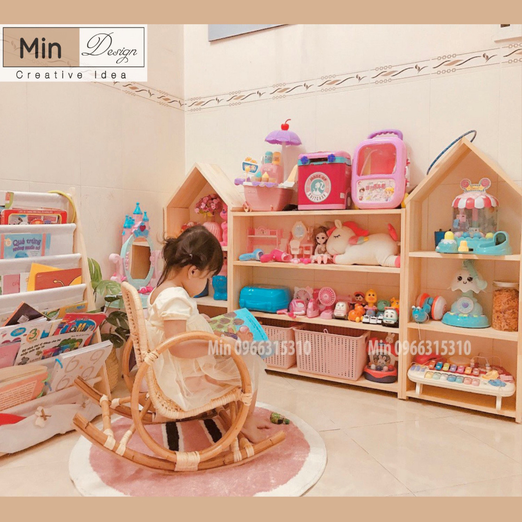 Kệ tủ đồ chơi, sách vở đa năng cho bé_ kệ sách hình ngôi nhà_Gỗ Thông tự nhiên nhập khẩu, an toàn cho bé khi sử dụng!