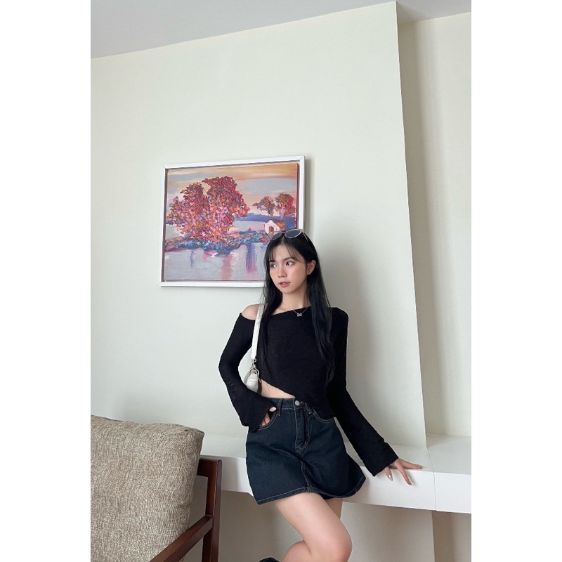 ÁO CROPTOP REN HOA LỆCH VAI VẠT NHỌN style Ulzzang
