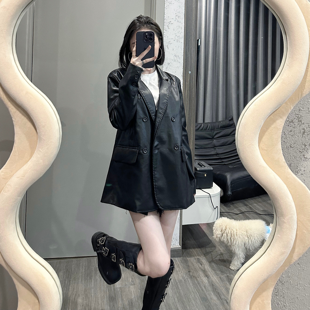 Áo da nữ blazer GABIDO khoá cài from rộng phong cách hàn trẻ trung đen 9971
