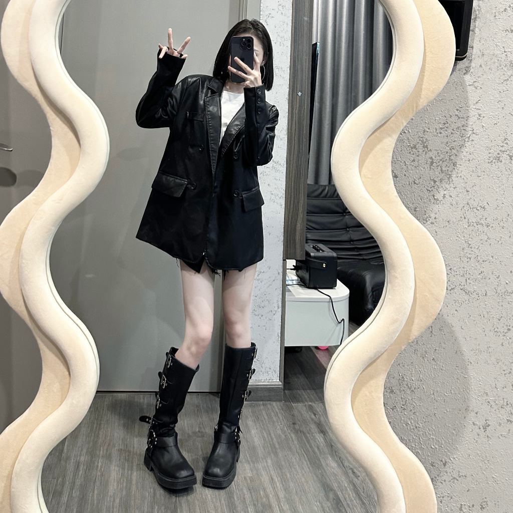 Áo da nữ blazer GABIDO khoá cài from rộng phong cách hàn trẻ trung đen 9971