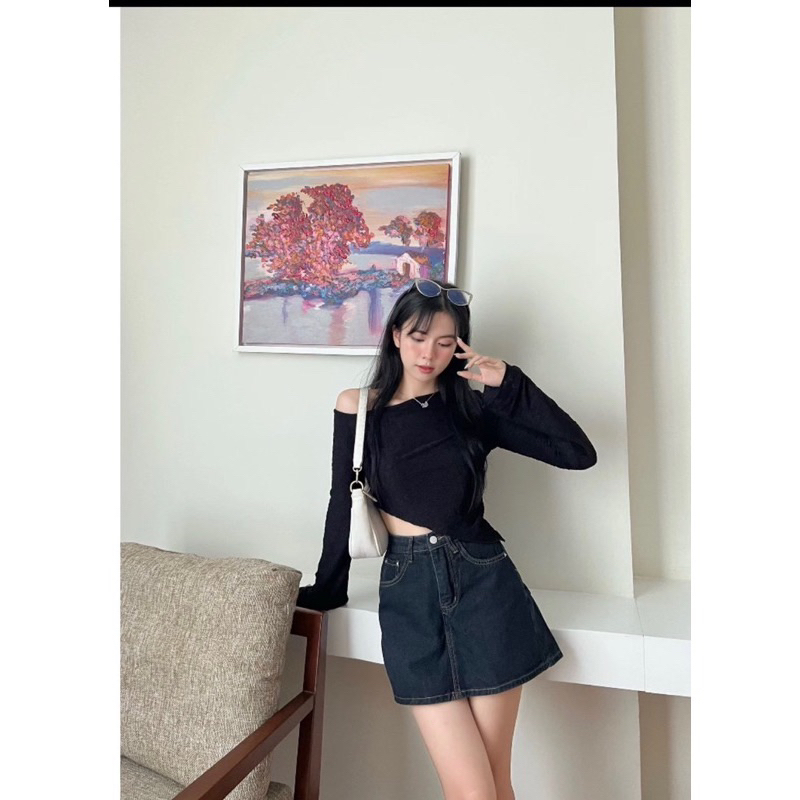 ÁO CROPTOP REN HOA LỆCH VAI VẠT NHỌN style Ulzzang