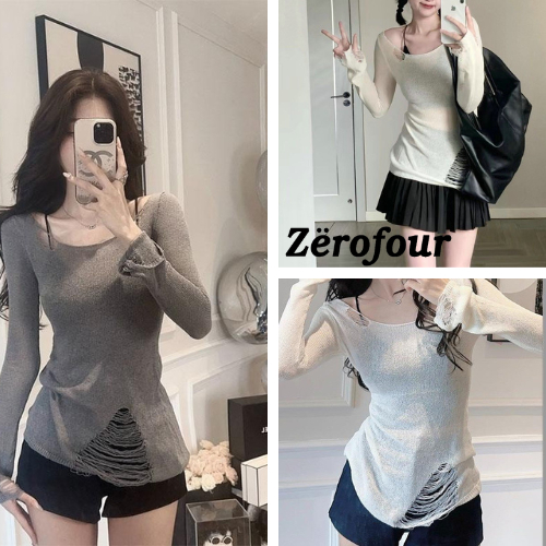 Áo body len gạo rách, Áo thun nữ cut out cá tính dài tay cổ trễ form ôm tôn da tôn dáng phong cách Hàn Quốc ZEROFOUR