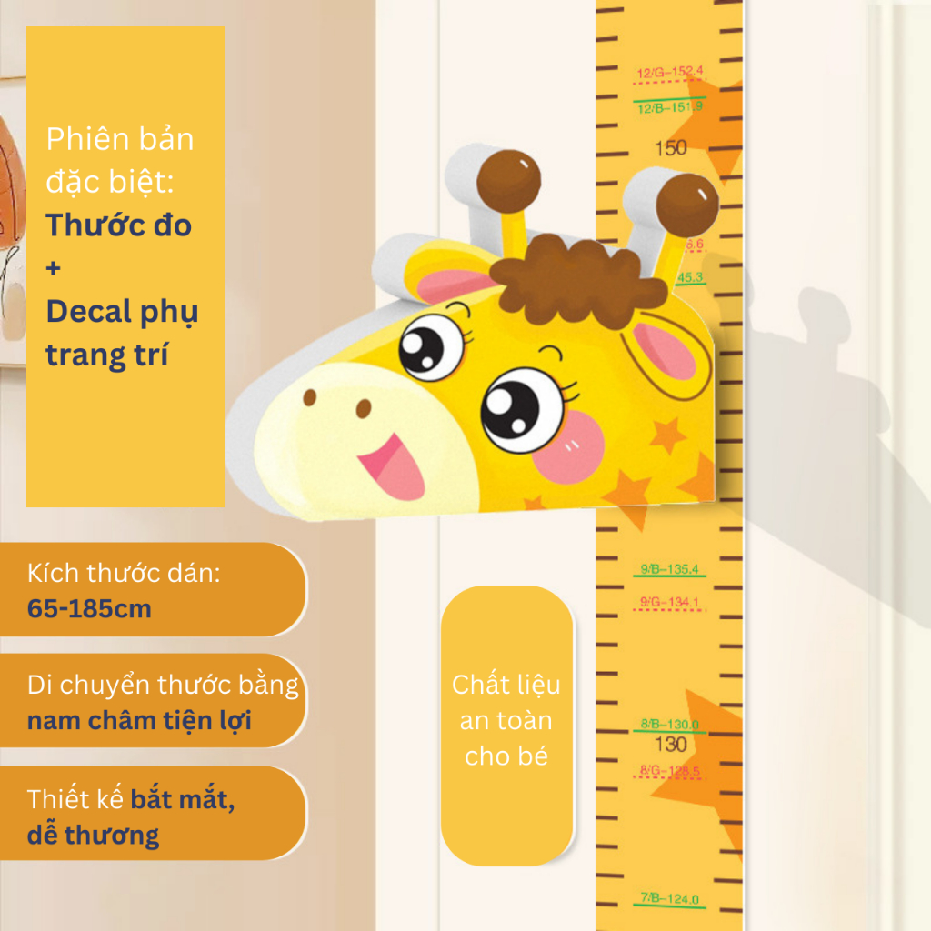 Thước đo chiều cao decal dán tường 3D trang trí, theo dõi chiều cao bé hình động vật dễ thương, sinh động | MOCHI