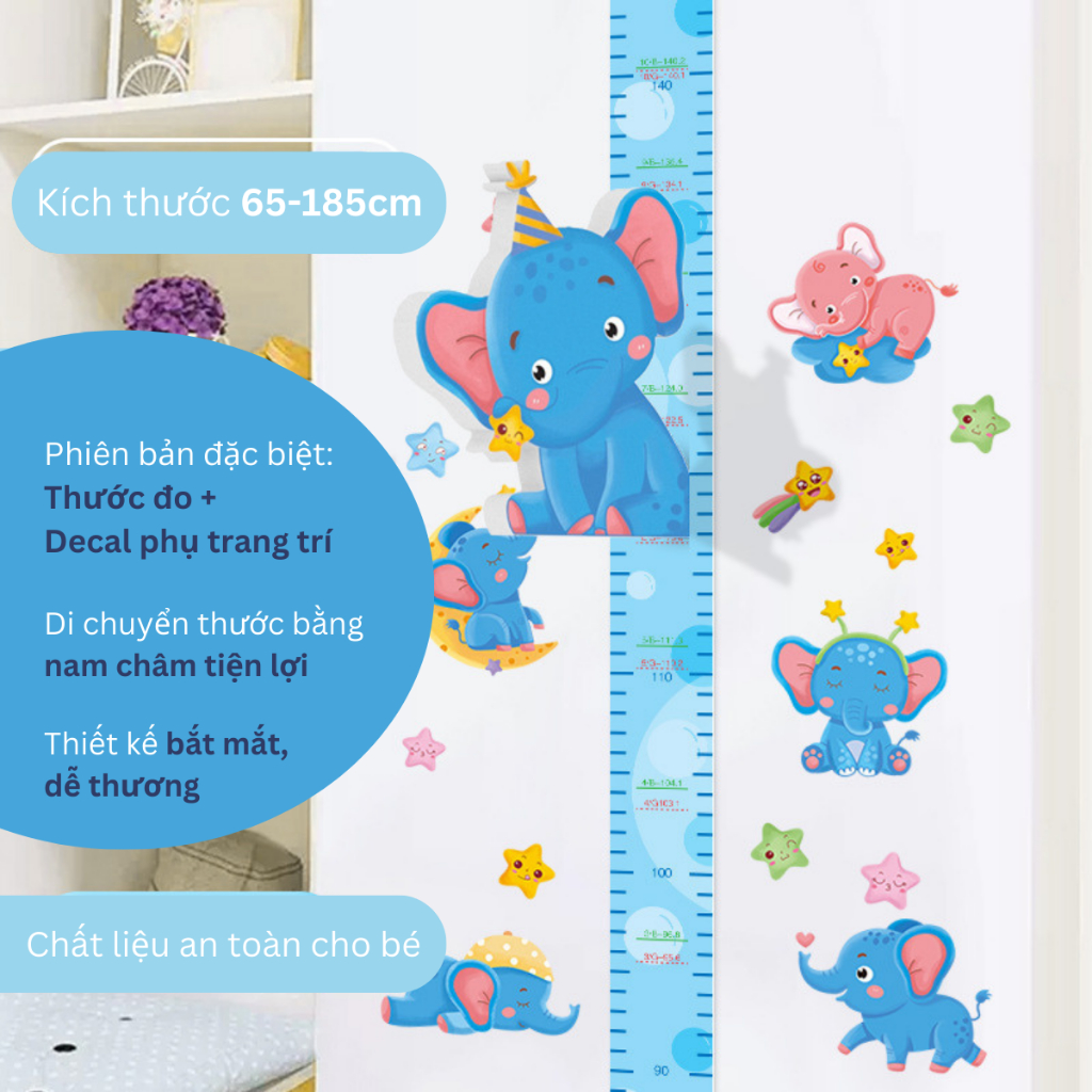 Thước đo chiều cao decal dán tường 3D trang trí, theo dõi chiều cao bé hình động vật dễ thương, sinh động | MOCHI