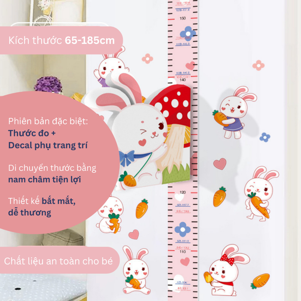 Thước đo chiều cao decal dán tường 3D trang trí, theo dõi chiều cao bé hình động vật dễ thương, sinh động | MOCHI