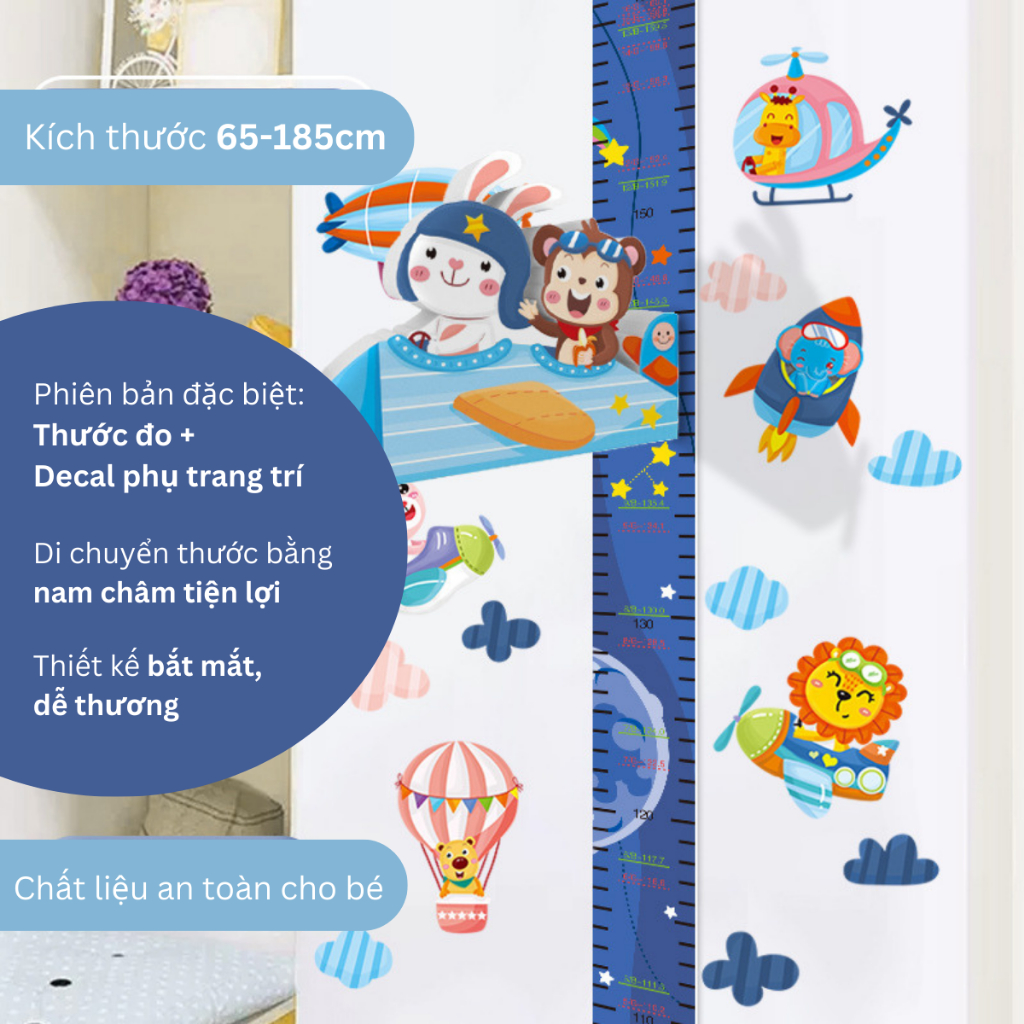 Thước đo chiều cao decal dán tường 3D trang trí, theo dõi chiều cao bé hình động vật dễ thương, sinh động | MOCHI
