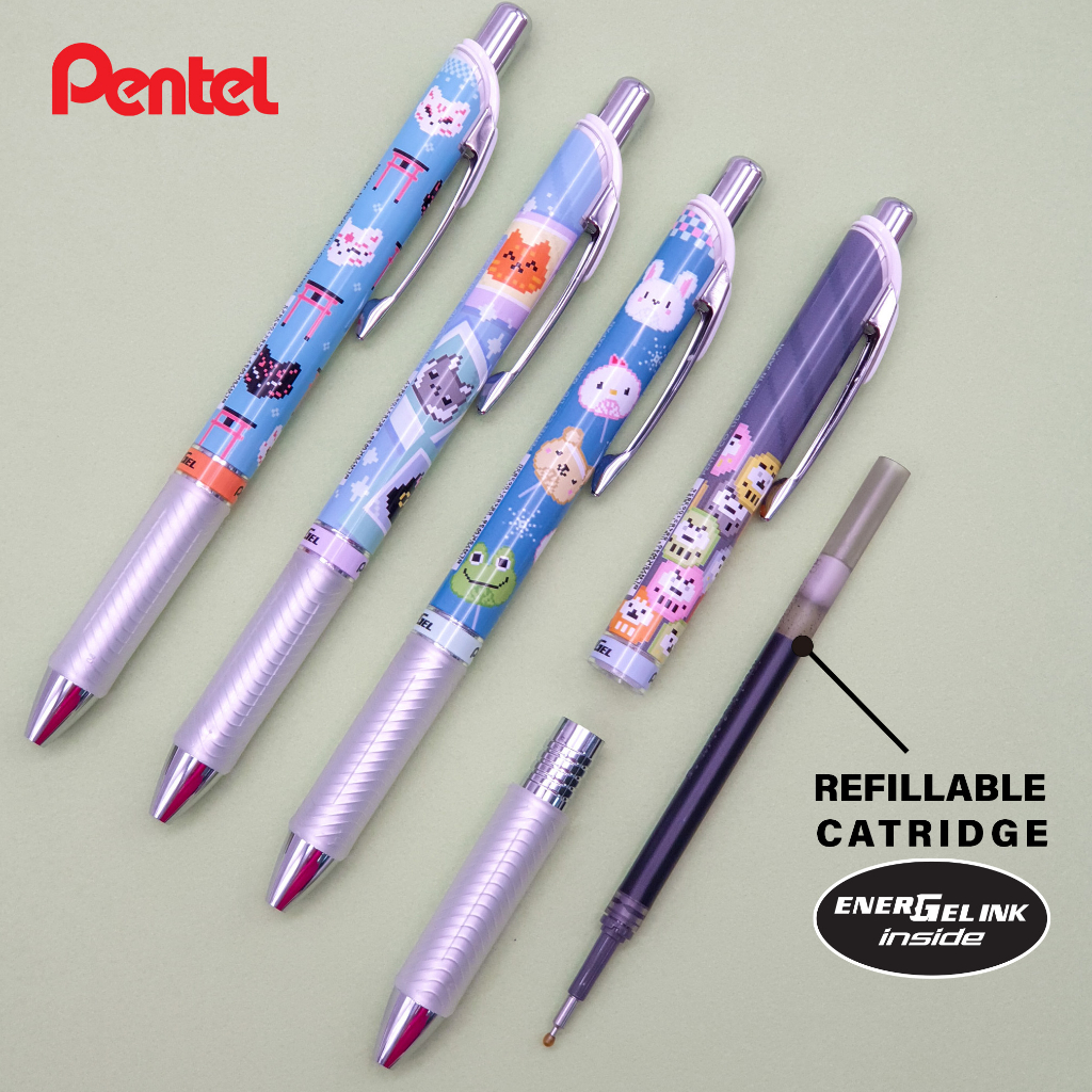 Bút Mực Gel Pentel Ennergel Kawaii+ 5: Pixel Art series II 0.5mm - BLN75KW | Có Thể Thay Ngòi | 2 Màu Mực Xanh Đen