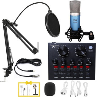 Combo bộ livestream: micro isk at100, sound card v8, màng lọc âm pop filter, chân kẹp micro