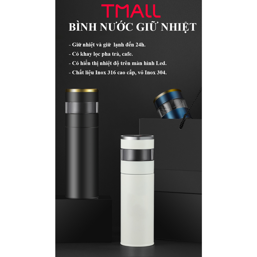 Bình giữ nhiệt Inox 316 cao cấp Tea Led 450ml bình nước giữ nhiệt pha trà TMALL