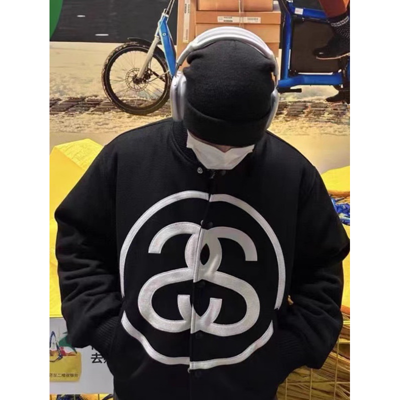 Áo Khoác bomber Stussy 23ss classic double s big logo - Hàng chuẩn vải dạ cao cấp