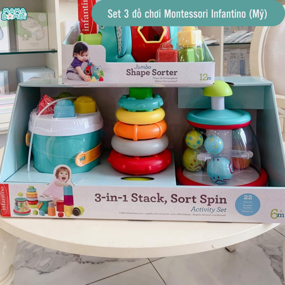 Quà tặng trung thu Set Đồ Chơi Montessori 3 Món Cho Bé Từ 6M+ INFANTINO Stack Sort Spin - Sản Phẩm Chính Hãng Mỹ