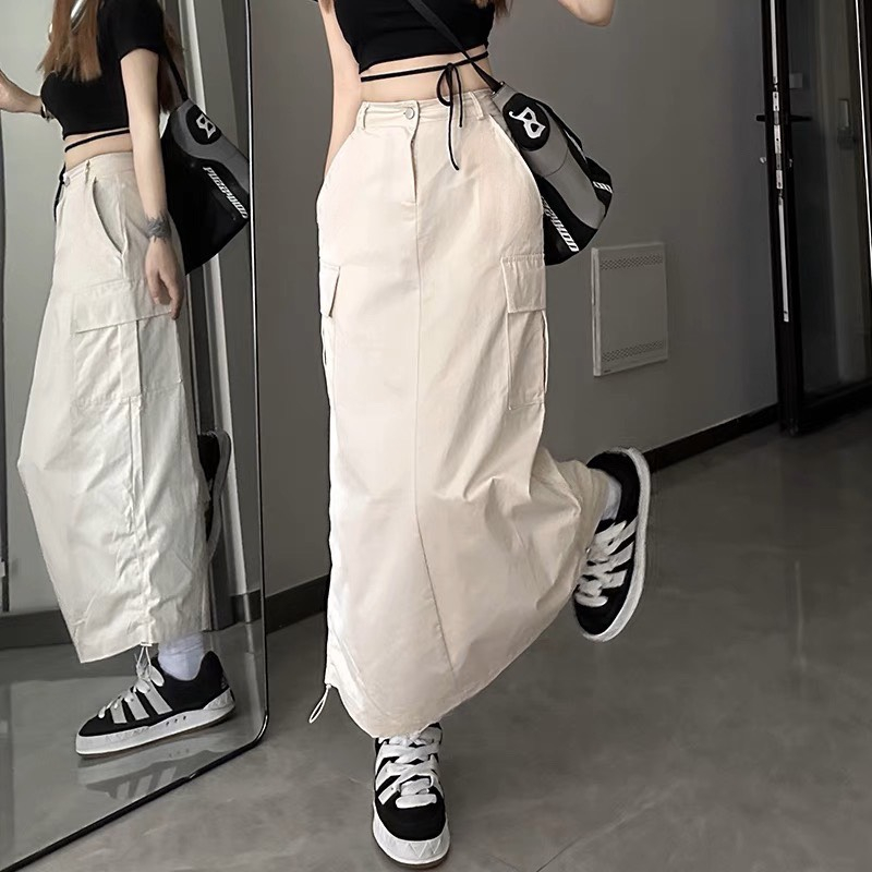 Chân Váy Kaki Dáng Dài Túi Hộp Phối Dây Rút Hai Bên Phong Cách Hàn Quốc 2 Màu Đen Và Xanh Rêu - 571