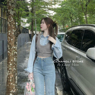 Set áo sơ mi nữ phối gile len croptop, set áo len mix sơ mi dài tay áo kiểu dáng ngắn phong cách Hàn Quốc set liền