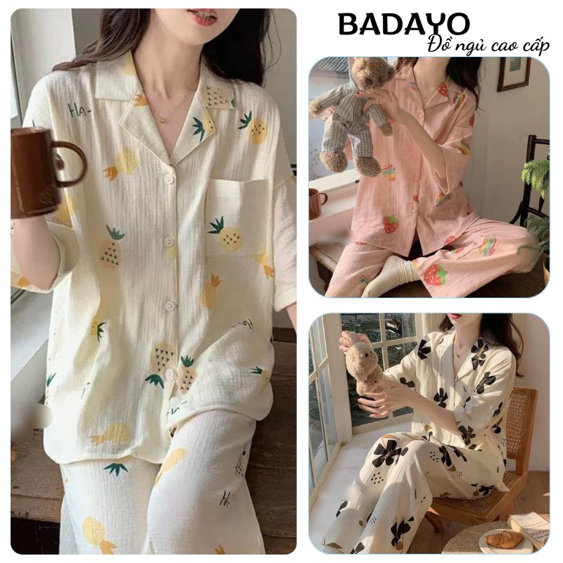Đồ ngủ nữ pijama, bộ mặc nhà áo cộc tay quần dài chất cotton  mềm mát hàng Quảng Châu cao cấp BADAYO