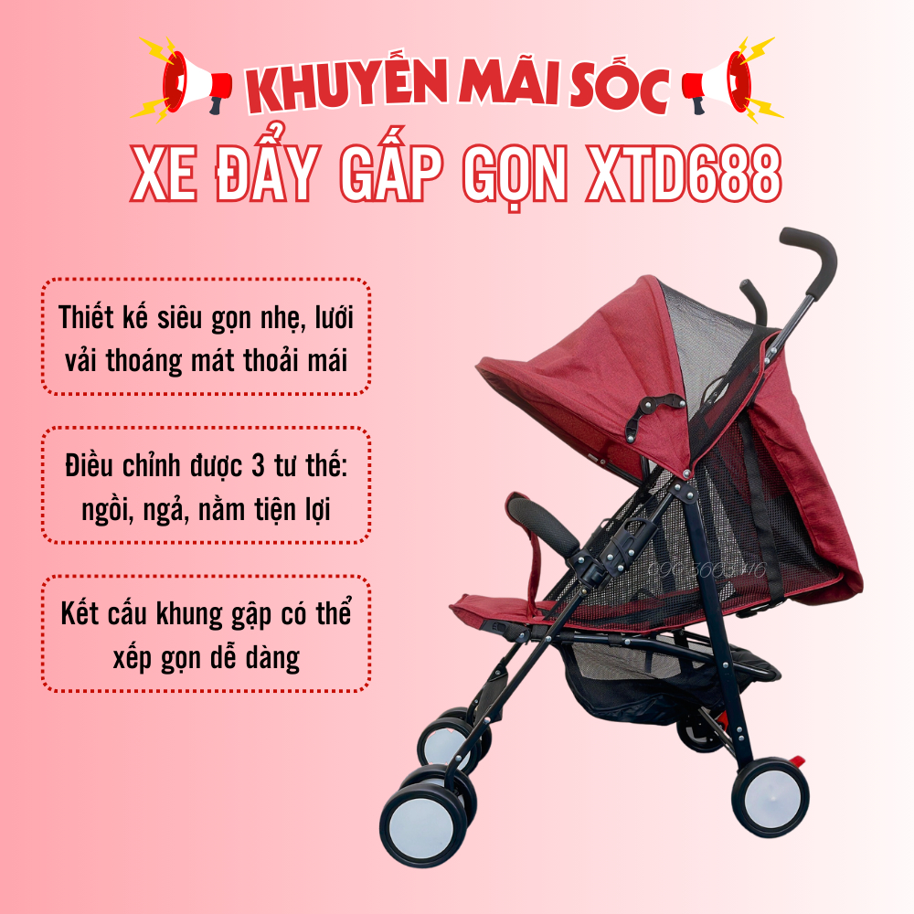 Xe đẩy em bé Vinanoi XD688 hàng cao cấp gấp gọn nhẹ, lưới thoáng