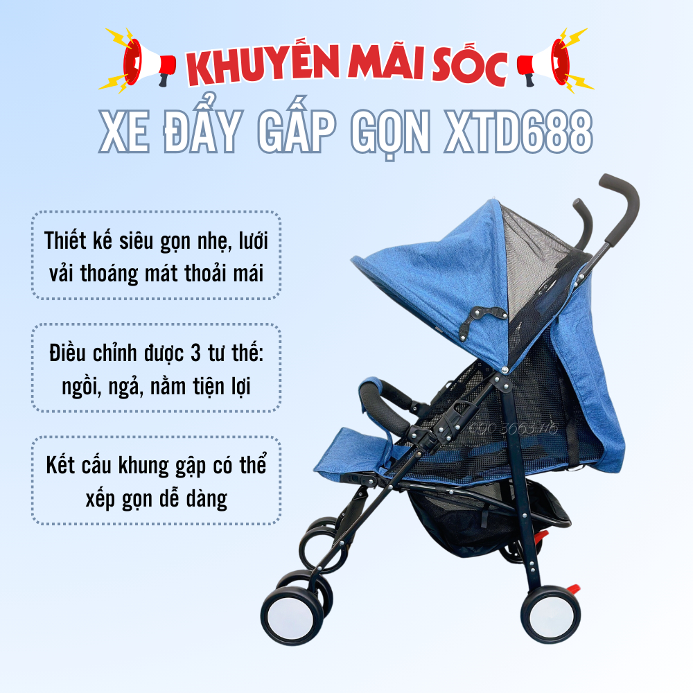 Xe đẩy em bé Vinanoi XD688 hàng cao cấp gấp gọn nhẹ, lưới thoáng