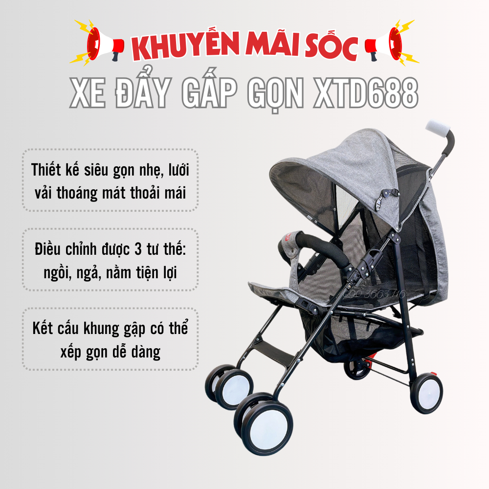 Xe đẩy em bé Vinanoi XD688 hàng cao cấp gấp gọn nhẹ, lưới thoáng