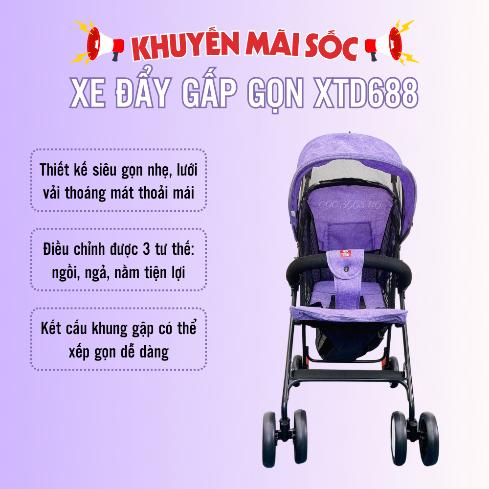 Xe đẩy em bé Vinanoi XD688 hàng cao cấp gấp gọn nhẹ, lưới thoáng