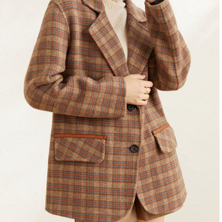 Áo Blazer Kẻ Caro Nâu Cho Nữ, Áo Dạ Dáng Rộng Túi Nắp, Áo Vest Dài Tay Khoác Ngoài Phong Cách Hàn Quốc
