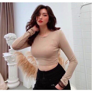 Áo croptop len tăm dài tay cổ tròn dáng ôm basic