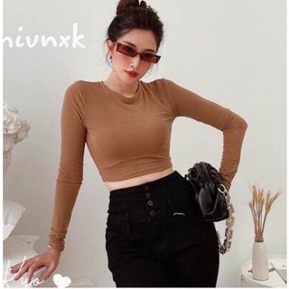 Áo croptop len tăm dài tay cổ tròn dáng ôm basic