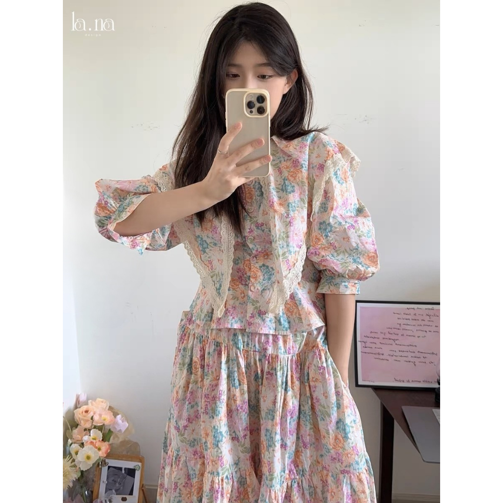Váy thiết kế cao cấp La.na set váy tiểu thư dài tay cá tính hoạ tiết - SV021