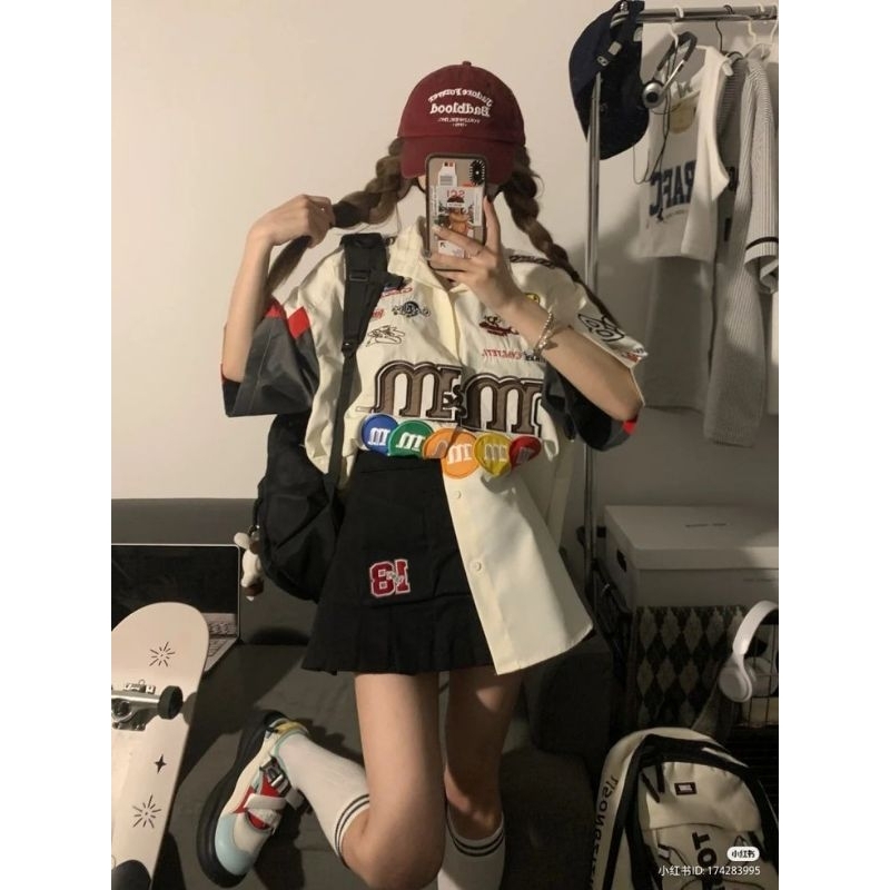 (ORDER) Áo sơ mi unisex nam nữ màu be và đen hình sticker kẹo M&M hiphop đường phố (ảnh thật)