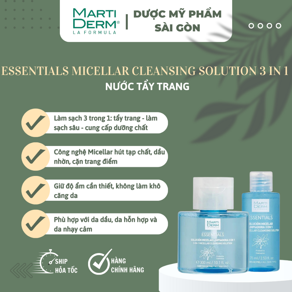 Nước tẩy trang Martiderm essentials micellar cleansing solution 3 in 1 (75m và 300ml)