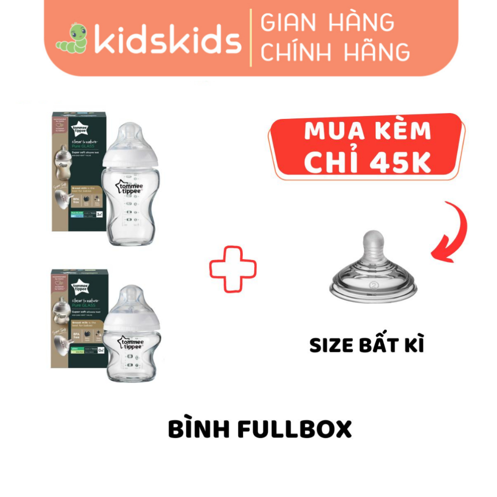 Bình Sữa Thuỷ Tinh Ty Siêu Mềm Tự Nhiên Tommee Tippee 150ml, 250ml, Nhiều Size Cho Bé, Được Mua Kèm Thêm 01 Núm Ty Bất K