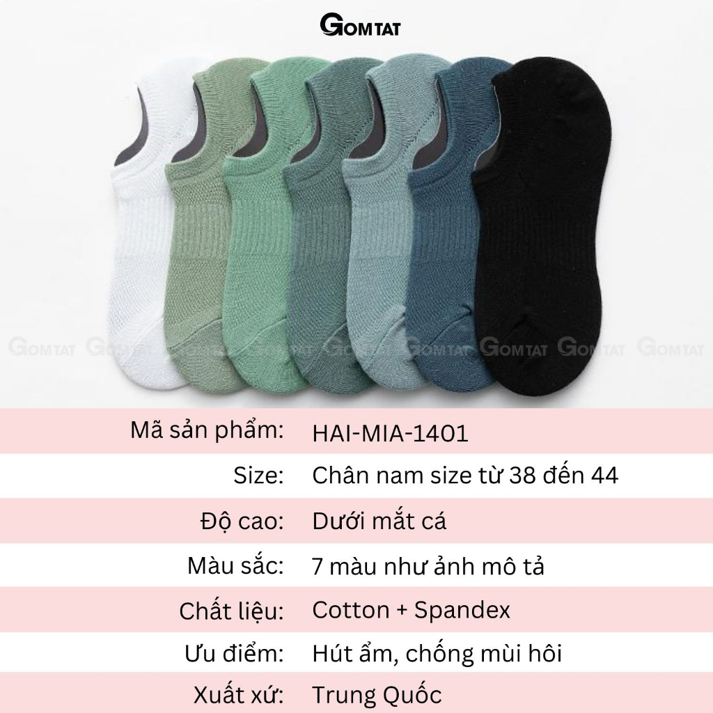 Vớ lười nam trơn màu GOMTAT, thiết kế mặt lưới thoáng khí, chất liệu cotton êm chân khử mùi  -HAI-MIA-1401-1DOI