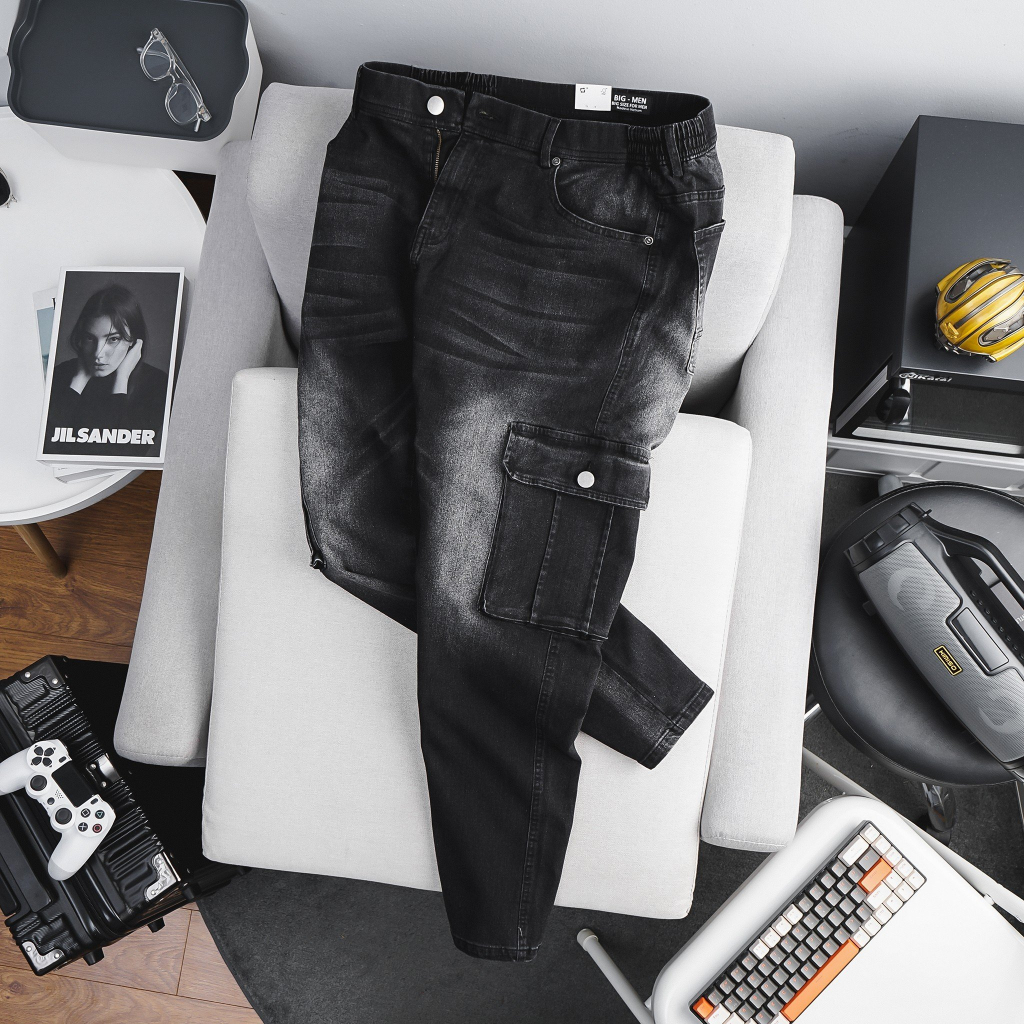 Big size - Quần jean dài đen túi hộp thời trang lưng thun co giãn bigsize 85-130kg